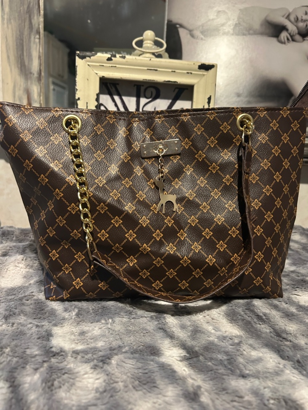 Brown Patterned Tote Bag with Gold Chain Handles